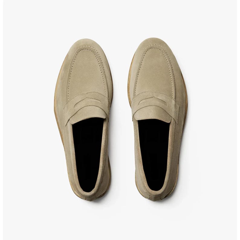 May include: A top-down view of two beige suede loafers. The shoes have a classic penny loafer design with a stitched vamp and a rounded toe. The soles are a light brown color, and the interior is black.