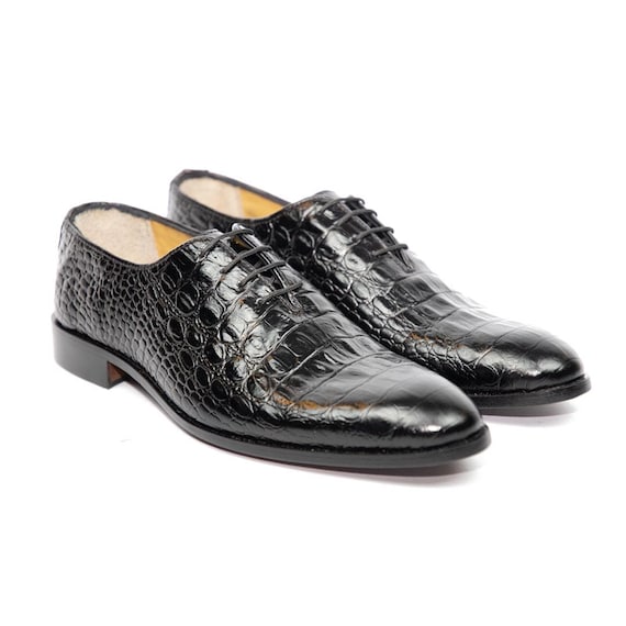Handmade Black Alligator Embossed Leather Oxford Shoes  display picture 3