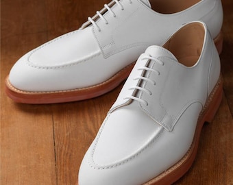 Handmade White Leather Derby Shoes: Classic Lace-Up Wedding Oxfords