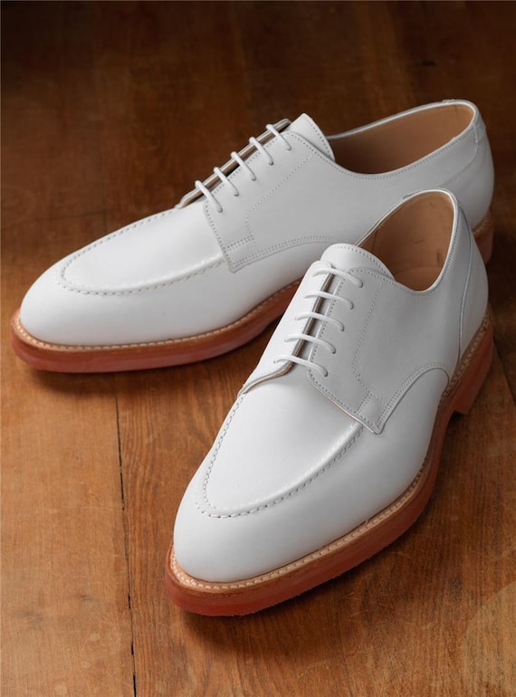 Handmade White Leather Derby Shoes: Classic Lace-Up Wedding Oxfords