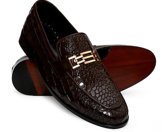 Handmade Brown Crocodile Loafers – Men’s Luxury Leather Dress Shoes
