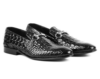 Handmade Black Alligator Embossed Leather Loafer for Men