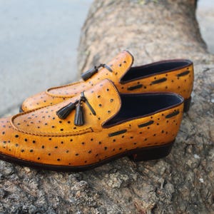 May include: A pair of tan leather loafers with a perforated design and black tassels. The shoes have a dark brown sole and are displayed on a textured, brown surface.