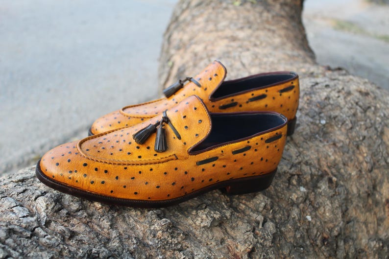 May include: A pair of tan leather loafers with a perforated design and black tassels. The shoes have a dark brown sole and are displayed on a textured, brown surface.