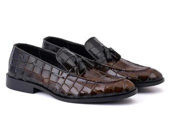Handmade Dark Brown Dual Tone Crocodile Embossed Leather Tassel Loafer-