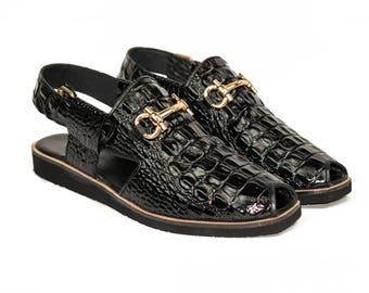 Sandalias Peshawari de piel de caimán negra con relieve hechas a mano: sandalias auténticas para hombre