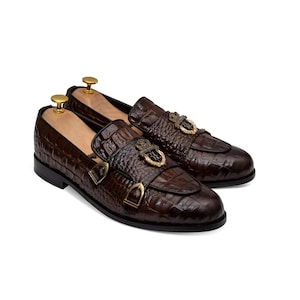 Handmade Brown Alligator Loafers: Men's Embossed Leather Dress Shoes