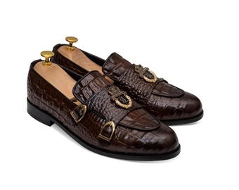 Handmade Brown Alligator Loafers: Men's Embossed Leather Dress Shoes