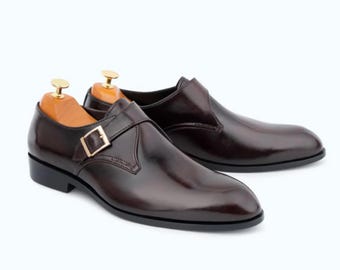 Handcrafted Dark Brown Leather Monk Strap Oxford Shoes