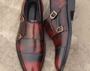 Zapatos de doble hebilla de piel burdeos a medida - Hechos a mano