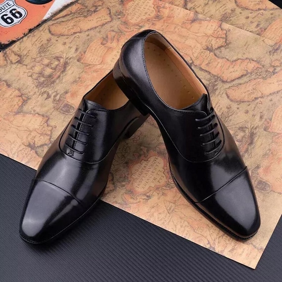 Handmade Black Leather Cap Toe Oxfords: Men's Formal Dress Shoes