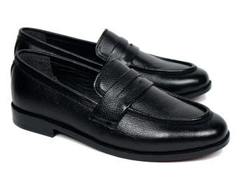 Handmade Black Leather Penny Loafers: Men's Bespoke Business Shoes