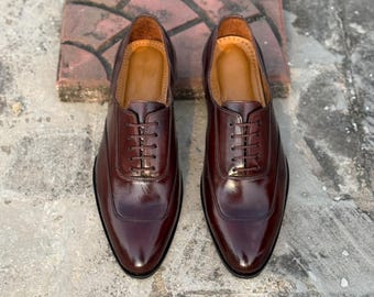 Chaussures Oxford pour homme en cuir marron foncé faites main :