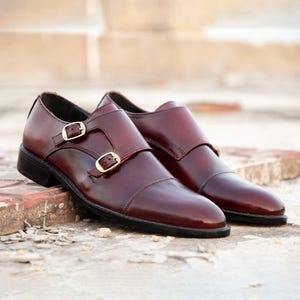 Bespoke Burgundy Leather Double Monk Strap Shoes - Handcrafted