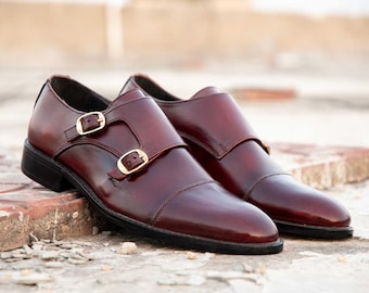 Maßgeschneiderte weinrote Doppel Monk Strap Schuhe - Handgefertigter Herrenschuh