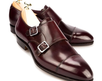 Handmade Burgundy Leather Double Monk Strap Shoes: Men's Business Style