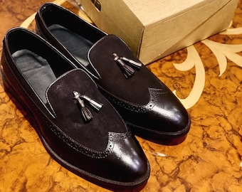 Handmade Black Suede Tassel Loafers: Wingtip Cow Leather Dress Shoes for Men