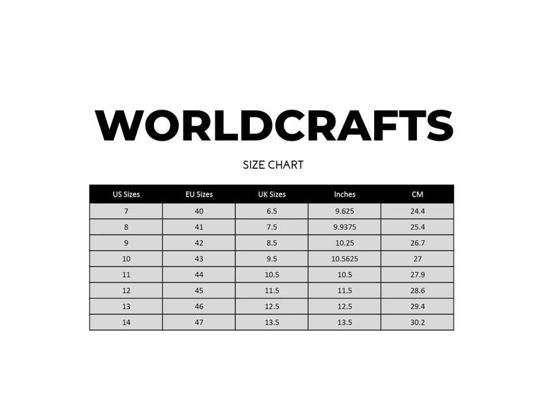 K&ouml;nnte beinhalten: Eine Gr&ouml;&szlig;entabelle mit dem Text "WORLDCRAFTS" oben. Die Tabelle listet US-, EU- und UK-Gr&ouml;&szlig;en sowie Ma&szlig;e in Zoll und Zentimetern auf. Die Gr&ouml;&szlig;en reichen von US-Gr&ouml;&szlig;e 7 bis 14 mit entsprechenden Ma&szlig;en.