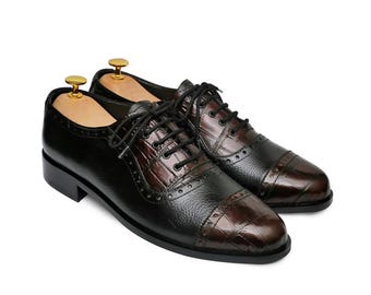 Handmade Black Oxford Shoes: Crocodile Embossed Leather Dress Shoes for Men