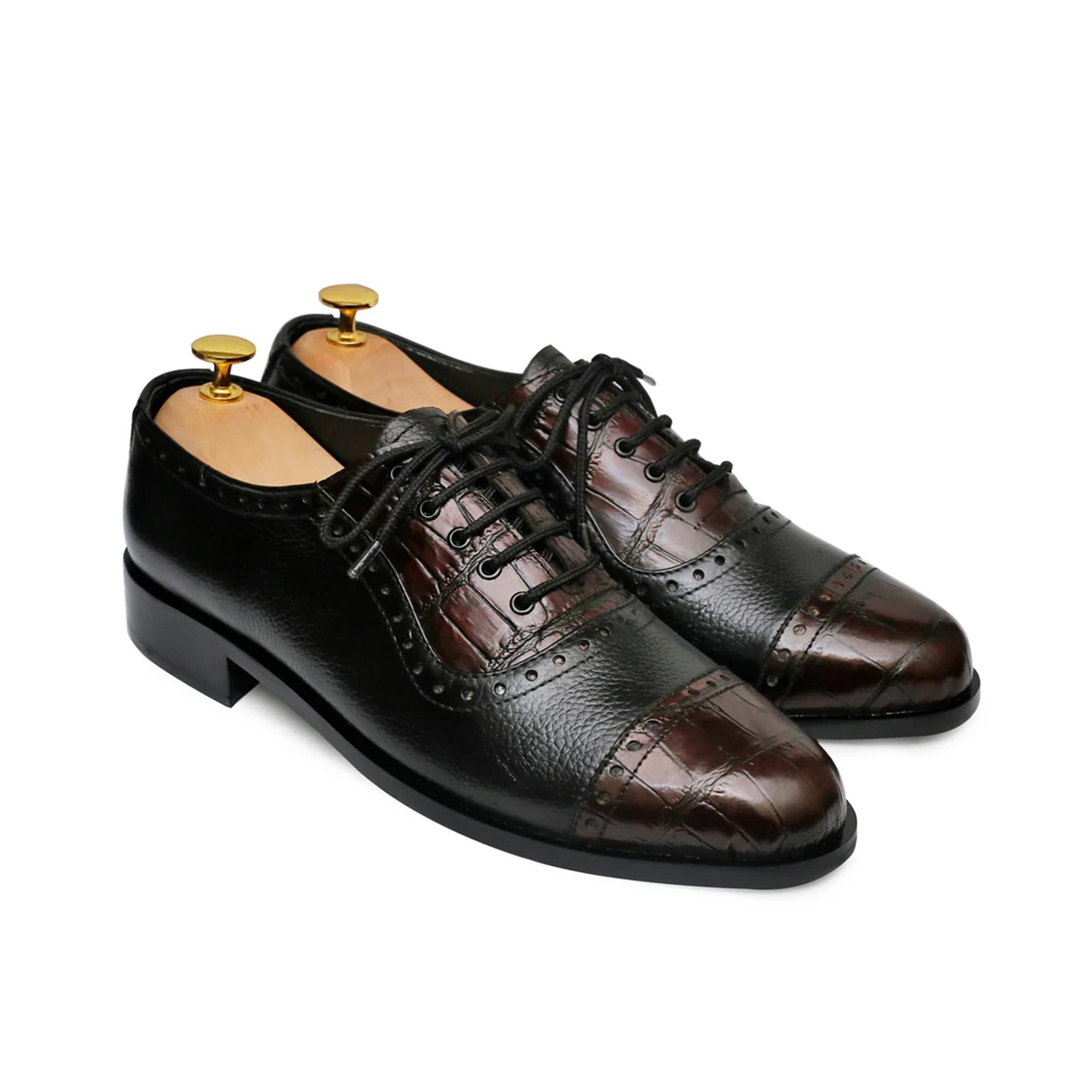 Handmade Black Oxford Shoes: Crocodile Embossed Leather 