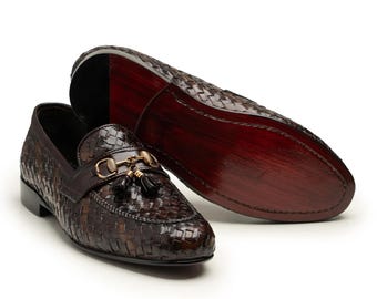 Dark Brown Woven Leather Loafers with Tassel & Horsebit – Handmade Men’s Slip-On Shoes