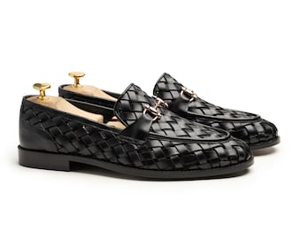 Black Woven Leather Loafers – Handmade Men’s Slip-On Shoes
