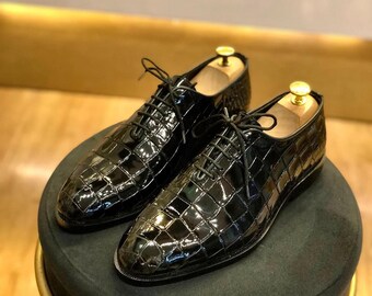 Handmade Black Patent Leather Whole cut Oxfords: Crocodile Embossed Dress Shoes
