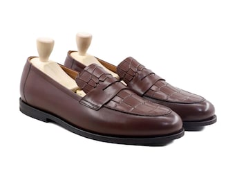 Handmade Crocodile Leather Penny Loafers - Men's Brown Exotic Shoes