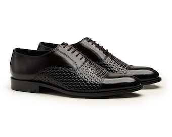 Handmade Men's Dark Brown Oxford Shoes | Woven Oxford Formal Wear Lace Ups