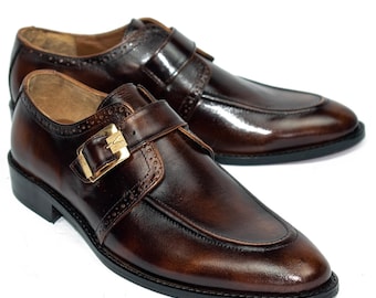 Handmade Brown Leather Single Monk Dress Shoes: Men's Formal & Business Wear
