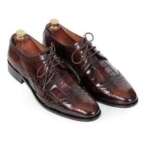 Bespoke Men&#39;s Wingtip Oxford Shoes In Croc Vamp Brown Dual Tone | Men&#39;s Handmade Oxford Shoes | Men&#39;s Crocodile Shoes | Men&#39;s Designer Shoes