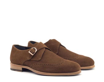 Handmade Brown Suede Leather Single Monk Shoes