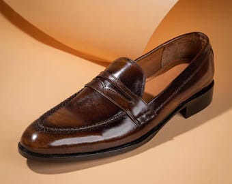 Handmade Dual Tone Brown Leather Penny Loafers - Men's Slip-On Shoes