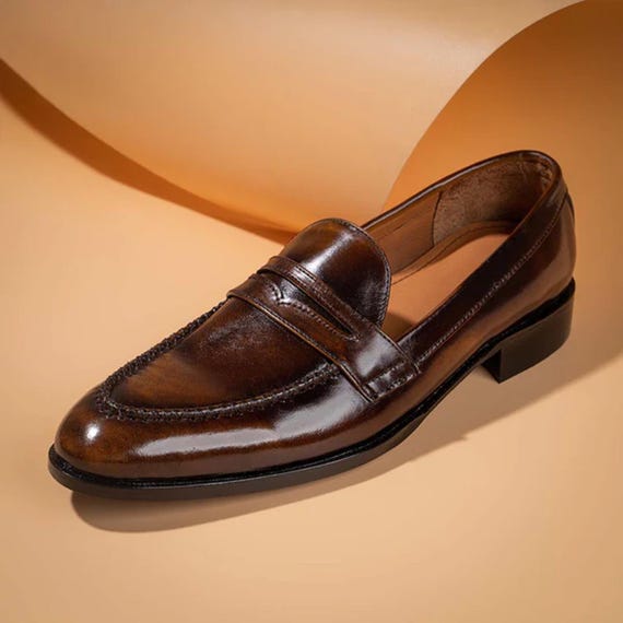 Handmade Dual Tone Brown Leather Penny Loafers - Men's Slip-On Shoes