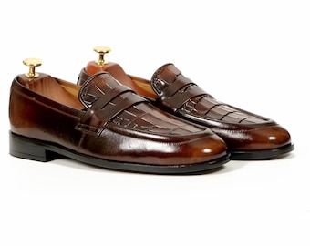 Handmade Crocodile Embossed Leather Penny Loafers - Brown Dual Tone