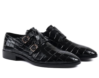 Handmade Crocodile Embossed Double Monk Strap Shoes: Black Leather Dress Shoes