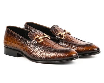 Handmade Brown Alligator Embossed Leather Loafers