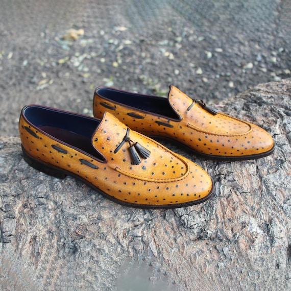 Handmade Mustard Ostrich Leather Loafers: Men's Bespoke Tassel Shoes