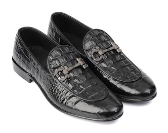 Bespoke Handmade Men's Black Alligator Embossed Leather Shoe: Men's Dress Loafer