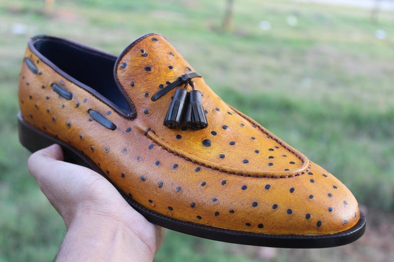 May include: A tan leather loafer with a distinctive dotted pattern and a black tassel detail. The shoe has a dark brown sole and a navy blue interior. The shoe is held by a hand against a blurred green background.