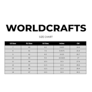 May include: A size chart with the text "WORLDCRAFTS" at the top. The chart lists US, EU, and UK sizes, along with measurements in inches and centimetres. Sizes range from US size 7 to 14, with corresponding measurements.
