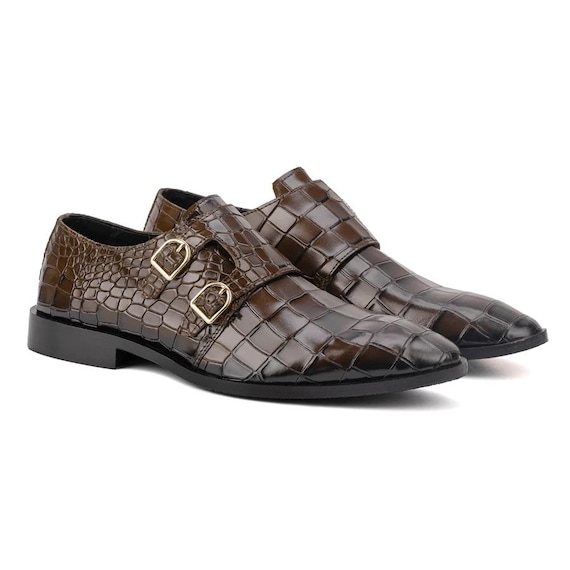 Handmade Crocodile Embossed Leather Double Monk Strap Shoes