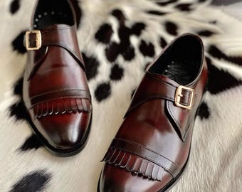 Handmade Brown Leather Double Monk Strap Shoes: Men's Formal Oxfords
