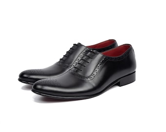 Handmade Black Leather Oxford Punching Design: Men's Dress Shoes For Formal Wear & Business Wear
