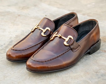 Handmade Brown Leather Horse Bit Loafers - Men's Slip-Ons