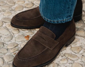 Handmade Brown Suede Penny Loafers: Men's Bespoke Leather Shoes
