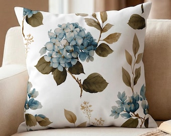 Floral Botanical Throw Pillow for Coastal Cottage Decor, Blue Hydrangea Pillow Cover, Sofa Accent Cushion, Housewarming Gift