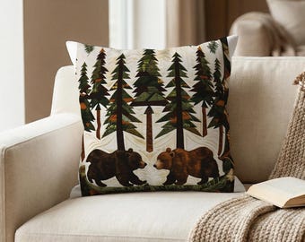 Bear Pillow Cover, Woodland Cabin Decor Gift, Rustic Forest Accent Pillow for Lodge Living Room, Cozy Farmhouse Cushion Cover