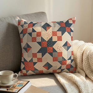 Retro Patchwork Pillowcase, Cotton Linen Cushion Cover, Farmhouse Style Pillow, Vintage Geometric Decor