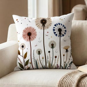 Maskros örngott, boho blommigt kuddfodral, neutralt botaniskt örngott, minimalistisk vildblommig heminredning, present till växtälskare